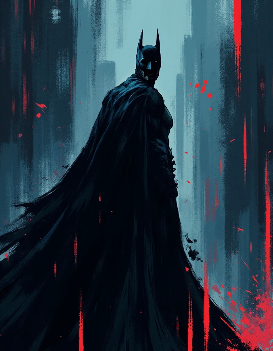 <lora:Disco_Elysium_Portrait_Style_Flux:1>
In a bold and expressive digital painting, the iconic silhouette of The Batman emerges with striking intensity. His cape, a cascade of deep obsidian, flows dramatically behind him, textured to evoke the feeling of heavy fabric billowing against the wind. His cowl, shadowed and enigmatic, emphasizes the fierce determination in his narrowed, piercing eyes, which reflect a glint of justice amid a chaotic urban landscape.
The background swirls with vibrant abstract colors â a riot of deep blues, stark blacks, and sharp grays that blend into softer gradients, suggesting the nighttime cityscape of Gotham. Jagged lines intersect like the dark alleys of the city, while splashes of crimson symbolize the danger lurking within, hinting at the villains that threaten the peace.
Electric pulses of neon light dance across the canvas, creating a dynamic rhythm that matches the thumping heartbeat of a city alive with energy. The air is thick with anticipation, the viewer can almost hear the faint echo of distant sirens and the low hum of life beneath the surface of this gritty metropolis.
In this intricate portrayal, The Batman stands as a sentinel, embodying resilience and mystery, poised for action against an exquisite tapestry of chaos that mirrors his relentless fight for justice.