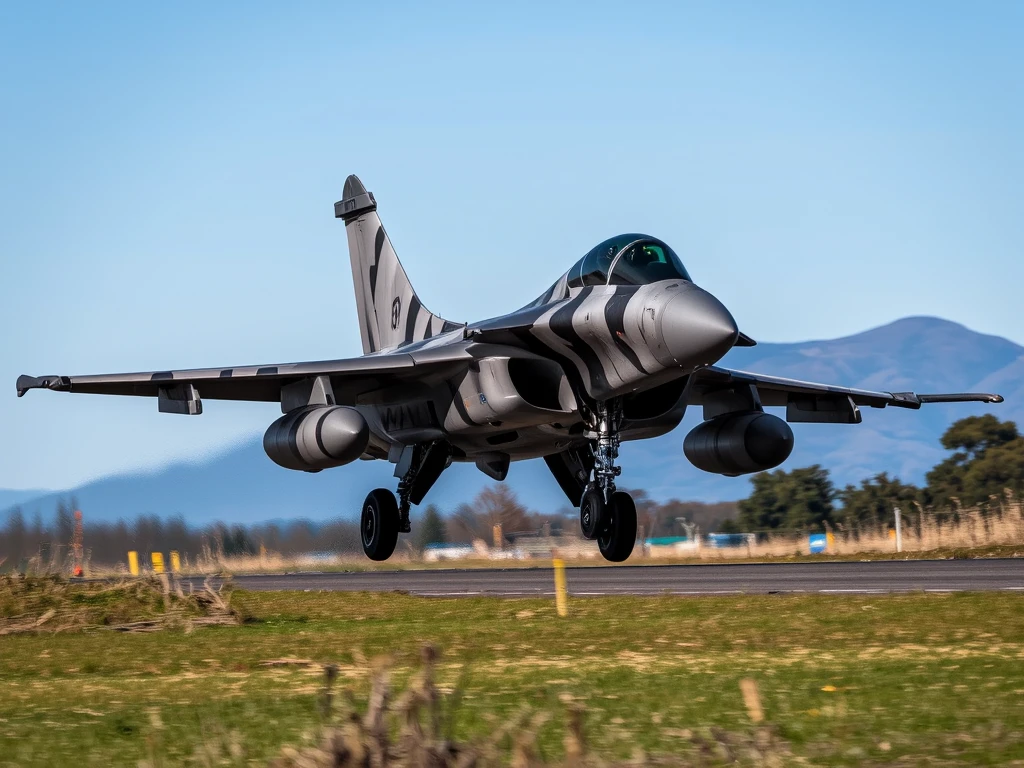 detailmaximizer d4rkc0mic, This photograph captures a detailed, colorful scene of a highly detailed representation of (a rafale fighter jet:1.1), flying in the air very low above ground, low pass flight, almost touching grass on the ground, (post combustion activated, creating turbulences on the ground:1.2), (doing a steep climb:0.35), slight front view, smoke trails on the side of the plane near wings edges, sporting a special zebra paint job, (the image is crisp, lots of details, very sharp definition:0.3), blue sky, mountain range in the background, ultra high quality image, cinematic lighting, stricking composition, realistic metalic surface stricking composition, dramatic lighting, mastery of color calibration, (not too dark:0.8), not too bright, perfect composition, the image is not overexposed, and the image is not oversaturated, 