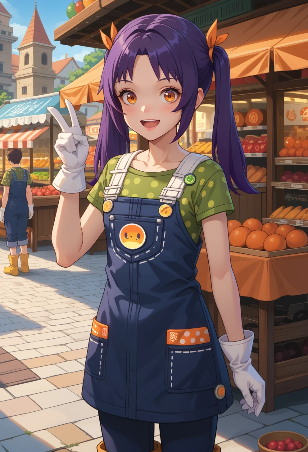 score_9, score_7_up, source_anime, BREAK <lora:AESjal:0.7> AESjal, orange eyes, long hair, purple hair, sidelocks, twintails, hair ribbon, orange ribbon, badge, blue overalls, green shirt, polka dot shirt, short sleeves, white gloves, overall skirt, capri pants, boots, yellow footwear, smile, market stall, outdoors, open mouth, arm up,