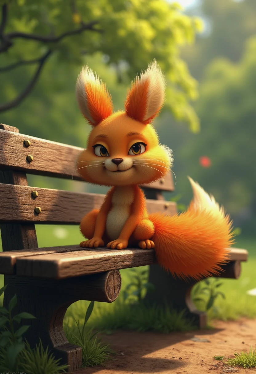 conkerlr. A red squirrel sitting on a wooden bench in a park.   <lora:Conker_Live__Reloaded_Style_F1D:0.7>