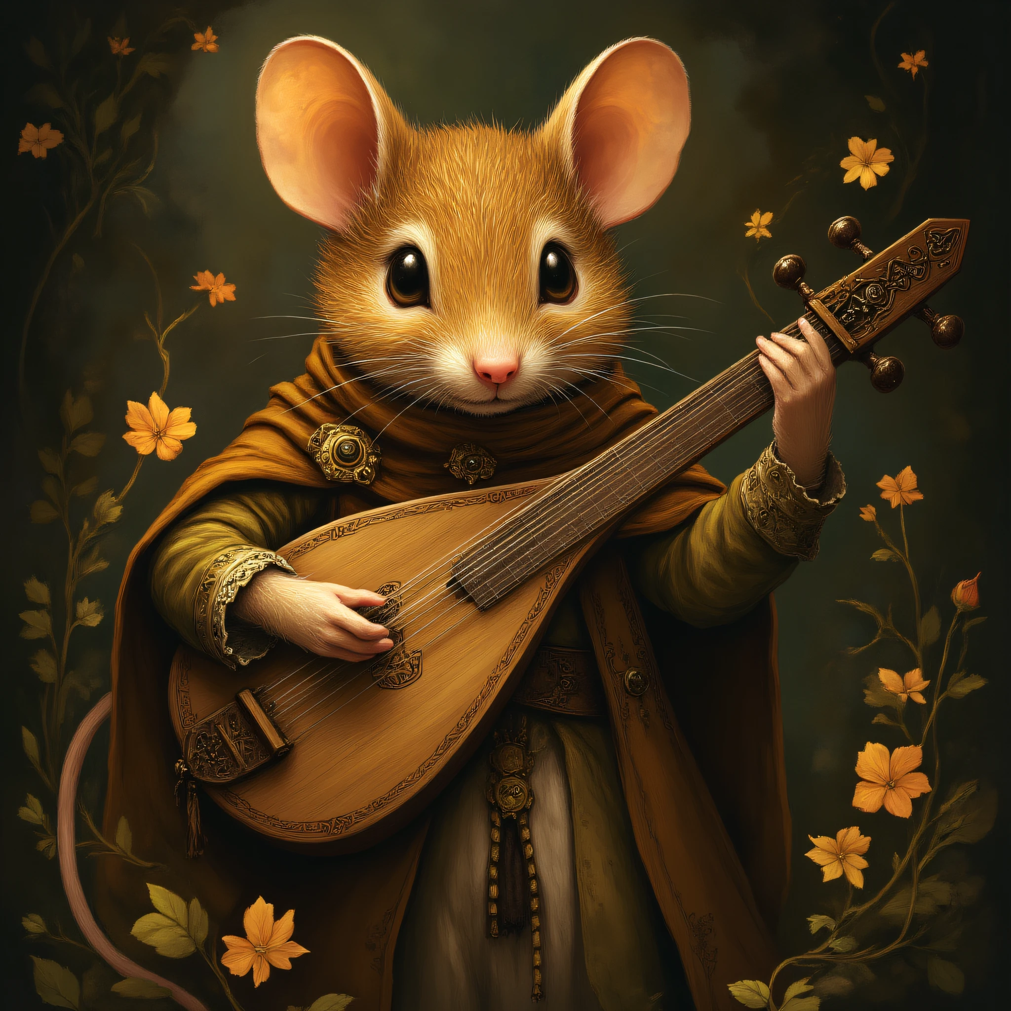 MazesAndMice, magical fairy tale illustration of a bard mouse playing a lute, in Mice and Mystics style