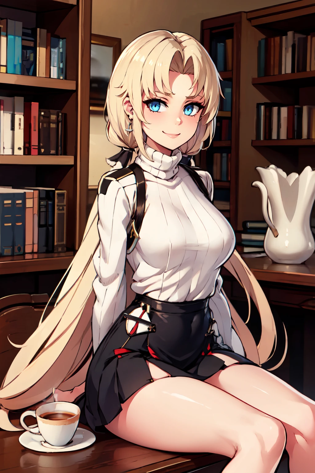 ((masterpiece,best quality)), absurdres,  BREAK, , <lora:Kronshtadt_Azurlane:0.8>, zzKronshtadt, blue eyes, long hair, blonde hair, very long hair, bangs, parted bangs,, BREAK, turtleneck sweater, earrings, library, cup of coffee, sitting at table, BREAK, solo, smile, looking at viewer, cowboy shot,