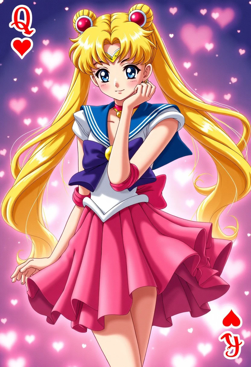 anipkr, Elegant illustration of (Sailor Moon:1.5) as the (Queen of Hearts card:1.3), featuring her iconic (outfit:1.2) and (crescent moon tiara:1.4), updated 2000s style, (Toei animation:1.5) influence, vibrant colors, intricate details, surrounded by (hearts:1.2) and (magical sparkles:1.3), enchanting atmosphere, high detail, by (Naoko Takeuchi:1.4)