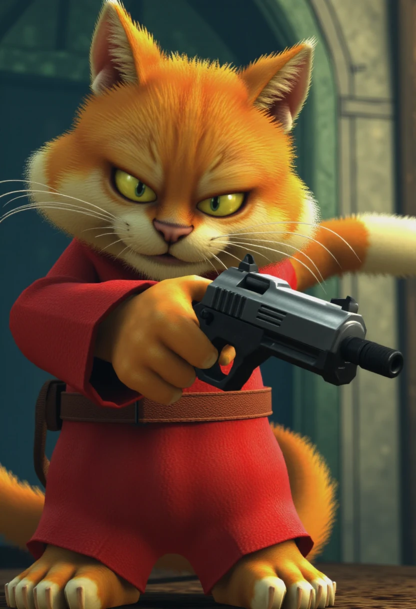 conkerlr. a cat aiming a pistol at the viewer.   <lora:Conker_Live__Reloaded_Style_F1D:0.8>