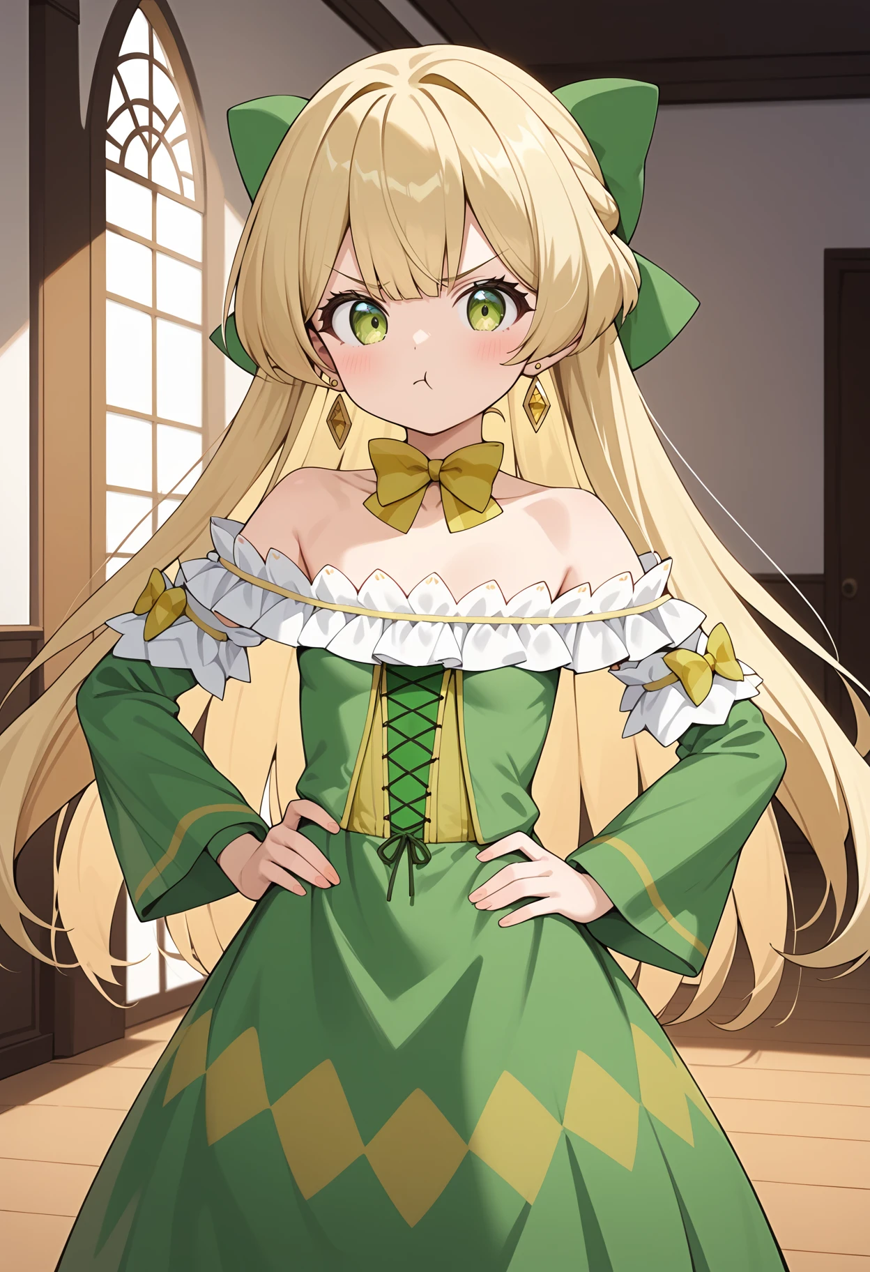 score_9, score_8_up, score_7_up, score_6_up, score_5_up, score_4_up, source_anime, aatelestia, long hair, blonde hair, hair bow, earrings, green eyes, small breasts, collarbone, bare shoulders, yellow bowtie, strapless, green dress, long sleeves, green sleeves, <lora:telestia_terra_esfort_ponyxl_v1:0.9>, pout, hands on own hips,