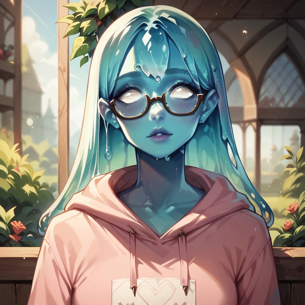 (((detailed, beautiful, high quality))), score_9, score_8_up, score_7_up, upper body,
slime, slime body, transparent body,
1 girl, blue skin, long hair, glasses, white eyes, pink hoodie, medieval hoodie,
looking at the viewer, posing, blurred background,