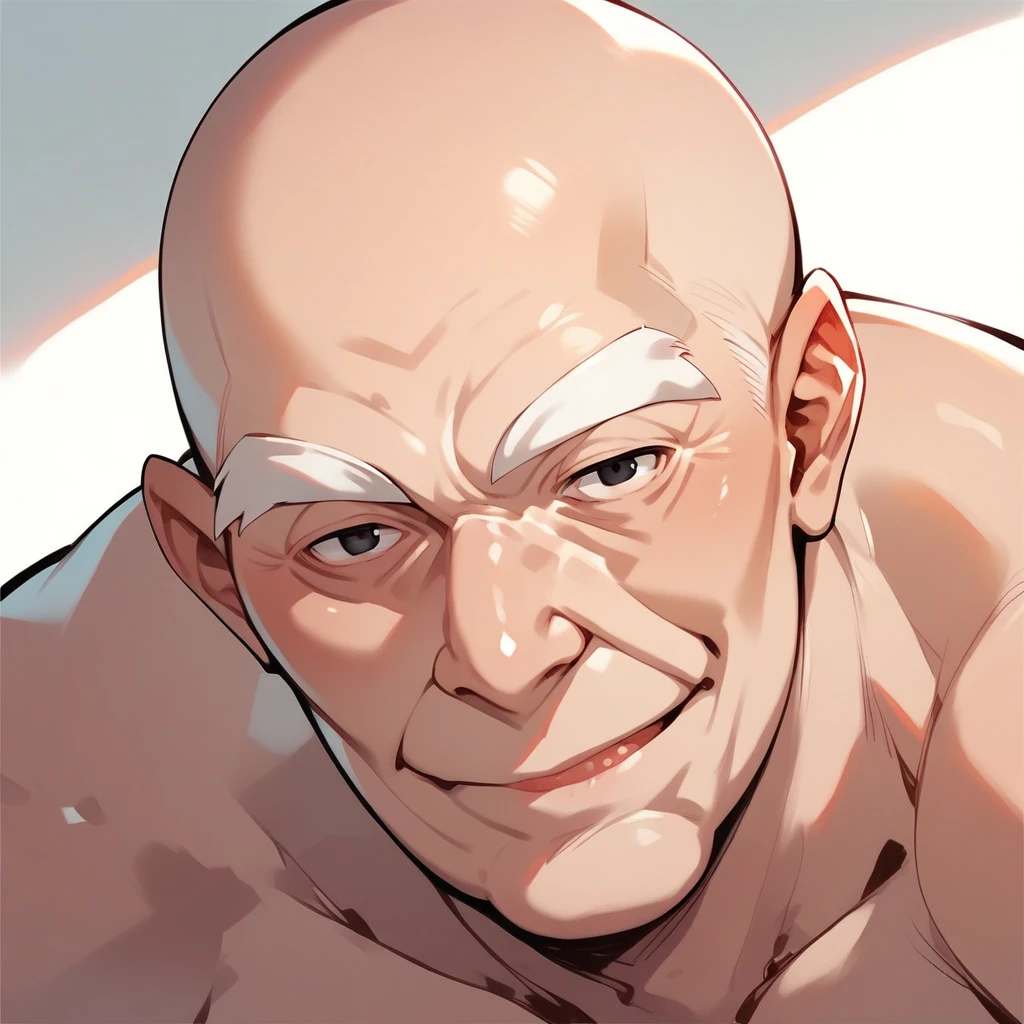 score_4_up, anime style, score_8_up, BREAK, score_9, white eyebrows, bald, 68 years old, score_6_up, old man, open eyes, black eyes, score_7_up, 1boy, solo, anime, smile, score_5_up, nude