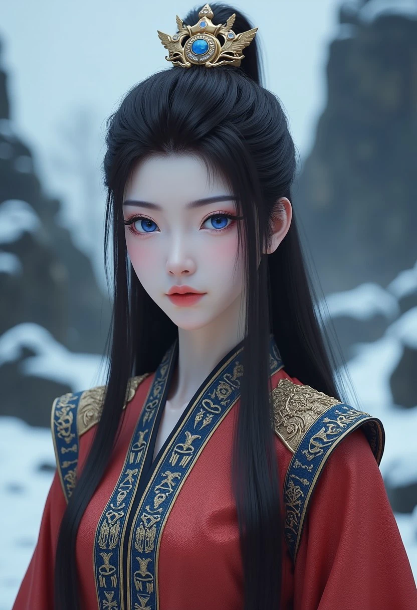 yuanyao:1.3,ral-ertmsphr, realistic, detailmaximizer, portrait of a young beautiful Chinese woman with pale skin and long dark hair, blue mystical make up, striking white eyes with ,  pale blue lips. She wears an ornate, traditional garment in red gold and blue with dragon-like designs on the shoulders. Set against a blurred snowy landscape with dark rocks and trees creating a serene mystical atmosphere. The style focuses on realistic textures, intricate details, and ethereal beauty, evoking a contemplative, mystical mood. highly detailed background,