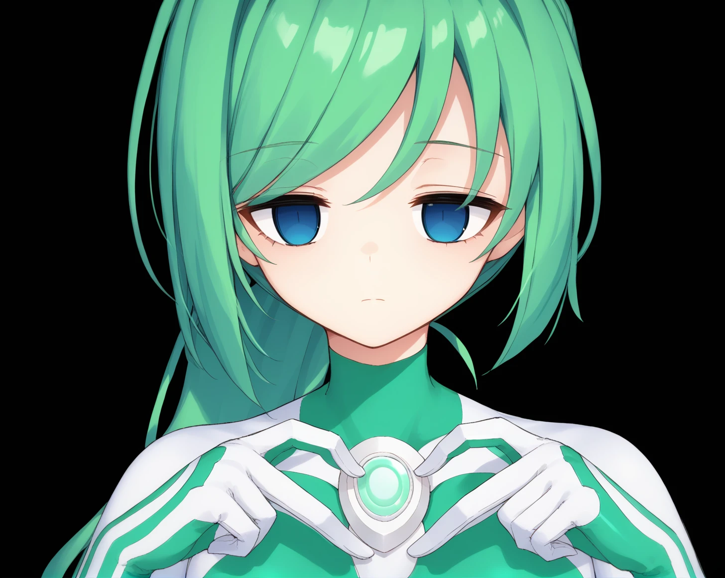 <lora:ultragirl_jue:0.9>,jue,green hair,ponytail,long hair,blue eyes,
light green bodysuit,green chest jewel,white chest jewel,white fingers,
1girl,solo,
heart fingers,heart hands,<lora:Heart_Fingers__Concept_Lora-000007:0.9>,upper body,
black background,
empty eyes,expressionless,half-closed eyes,no pupils,exhausted,
BREAK, score_9,score_8_up,score_7_up,source_anime,best quality,masterpiece,uncensored,detailed eyes,