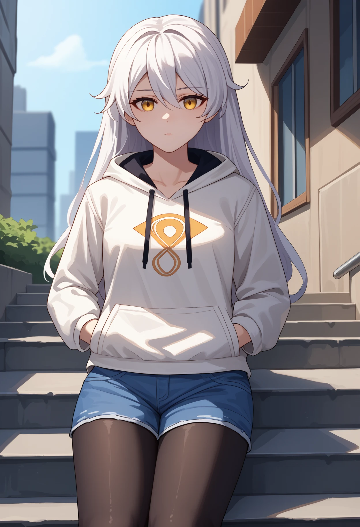 score_9, score_8_up, score_7_up, source_anime, <break> solo, 1girl, unkwngd, expressionless, looking at you, sitting, stairs, hands in pockets, long hair, white hair, yellow eyes, white hoodie, long sleeves, blue shorts, denim shorts, black pantyhose, outdoors, city
<segment:yolo-face_yolov8m.pt,0.4,0.5//cid=1>