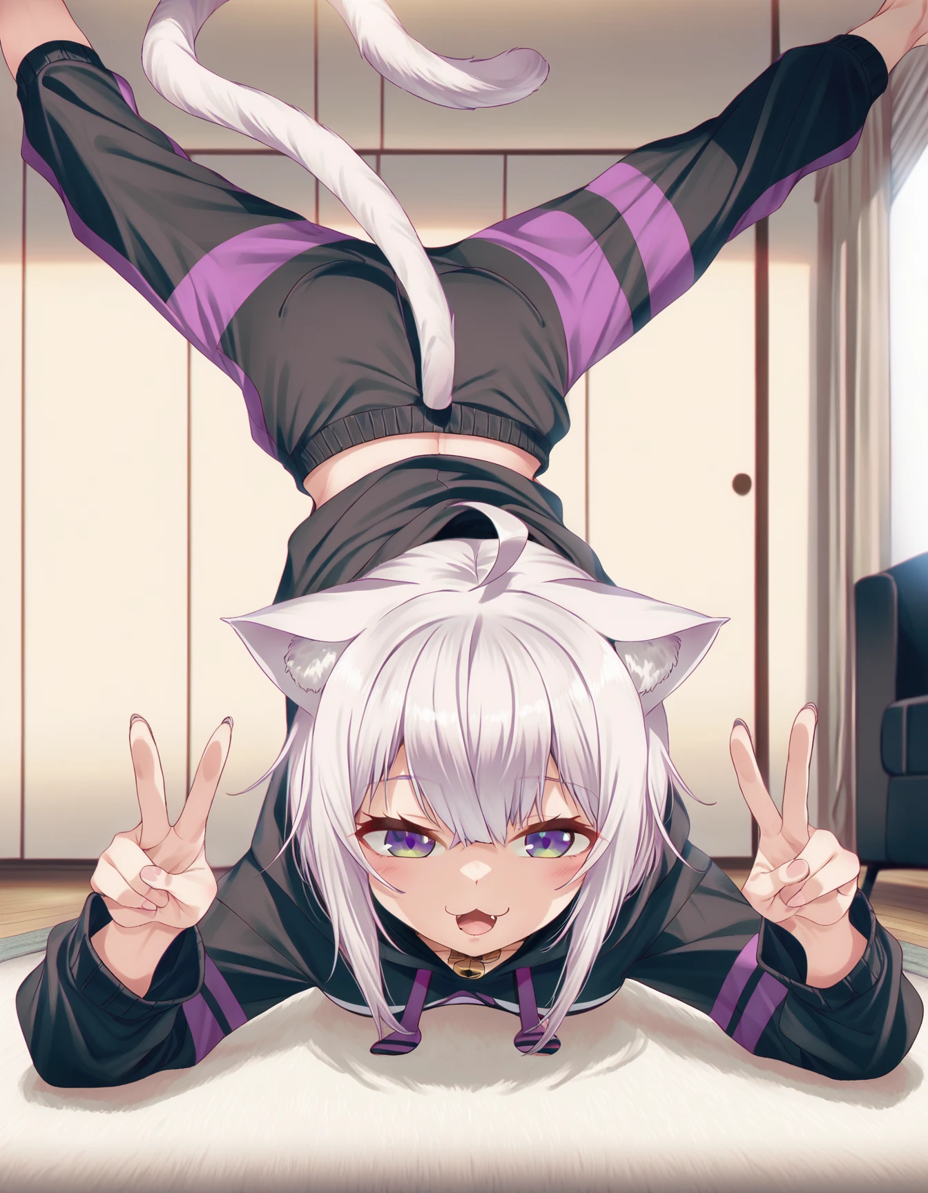 by 40hara , masterpiece, best quality,
1girl, nekomata okayu, nekomata okayu \(1st costume\), cat girl, cat tail, hololive, virtual youtuber,black hoodie, pants, posing, flexible, double v, 
indoors, living room interior
 <lora:4th_tail_lyco_extract_0.5.0_XL:1>