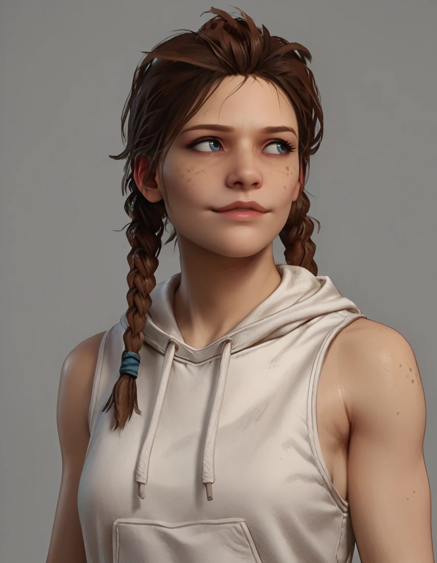 score_9, score_8_up, score_7_up, score_6_up, score_5_up, score_4_up, <lora:megthomas01:0.9>,megthomas,freckles,blue eyes,light smile,looks away,sleeveless, white sleeveless hoodie,braids