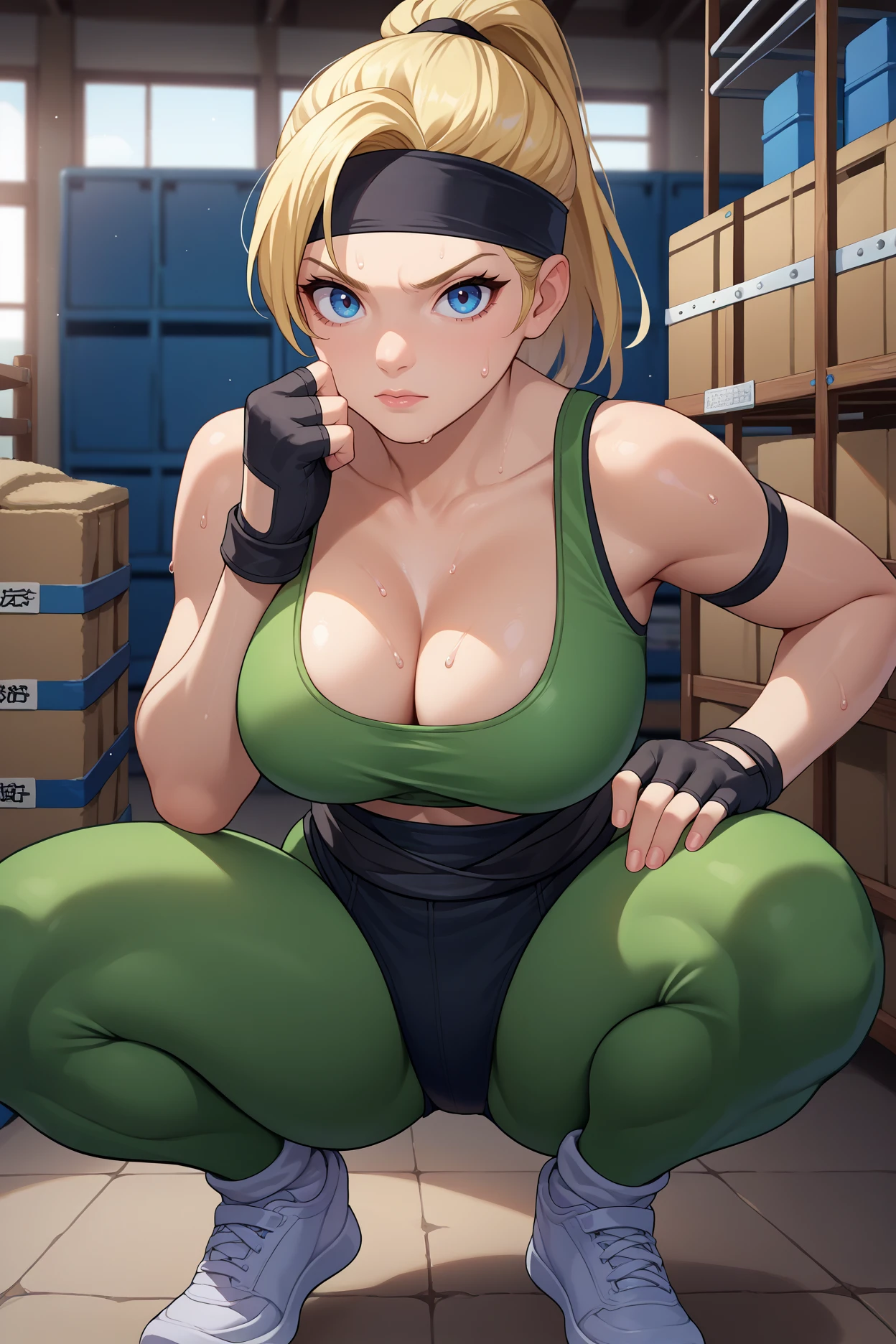 score_9, score_8_up, score_7_up, score_6_up, source_anime, 1girl, solo <lora:sonyablade-pdxl-nvwls-v1-000005:1> m1sb, blonde hair, high ponytail, blue eyes, black headband, green sports bra, cleavage, midriff, green leggings, sash, black buruma, black gloves, fingerless gloves, big breasts, fit, squatting, looking at you, sweat, white sneakers, indoors, warehouse