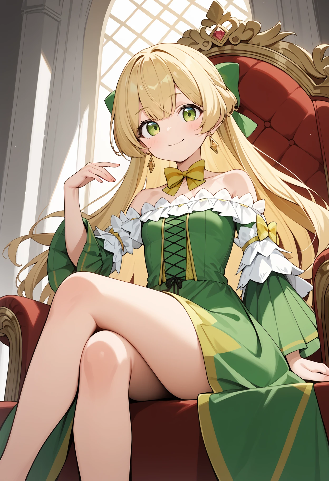 score_9, score_8_up, score_7_up, score_6_up, score_5_up, score_4_up, source_anime, aatelestia, long hair, blonde hair, hair bow, earrings, green eyes, small breasts, collarbone, bare shoulders, yellow bowtie, strapless, green dress, long sleeves, green sleeves, <lora:telestia_terra_esfort_ponyxl_v1:0.9>, indoors, throne, smile, sitting, crossed legs,