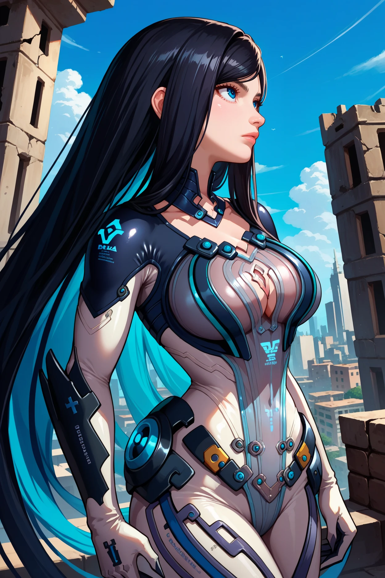 score_9, score_8_up, score_7_up, score_6_up, source_anime, 1girl, solo <lora:sbraven-pdxl-nvwls-v1-000007:1> sbRav, black hair, swept bangs, very long hair, blue eyes, black bodysuit, two-tone bodysuit, grey pants, collarbone, cleavage cutout, gloves, gauntlets, large breasts, blue sky, looking up, profile, clouds, city, ruins