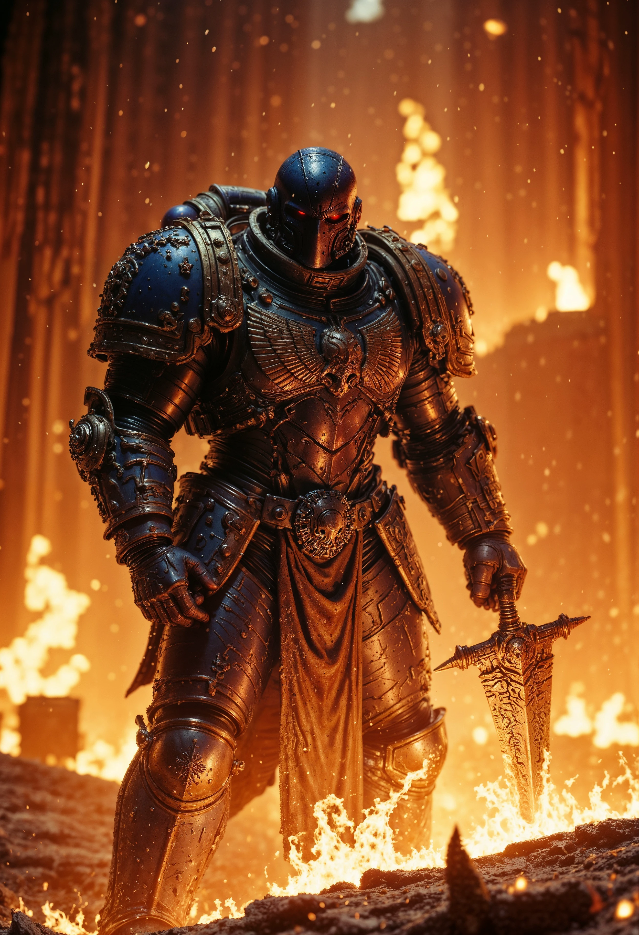 hkevil, movie portrait, FredFraiStyle, A valiant UltraM40k space marine holding a giant sword, his armored frame and helmet bathed in the fiery glow of his blazing giant sword. The film grain enhances the gritty, cinematic feel of the scene. His gleaming armor reflects the intense flames, highlighting his imposing stature and heroic demeanor. This high-quality still captures the dynamic energy of an epic battle, with every detail meticulously preserved to immerse viewers in the thrilling action.  <lora:FluxUltraM40k:0.9> <lora:FredFraiStyle-FLUX-Share:0.5> <lora:Movie_Portrait:0.8> <lora:BeautyInEvilFlux:0.7> <lora:m100-flux:0.4> <lora:c41_hasselblad_portra400_FLUX:0.4> <lora:Sinfully_Stylish_.02_for_FLUX:0.6>