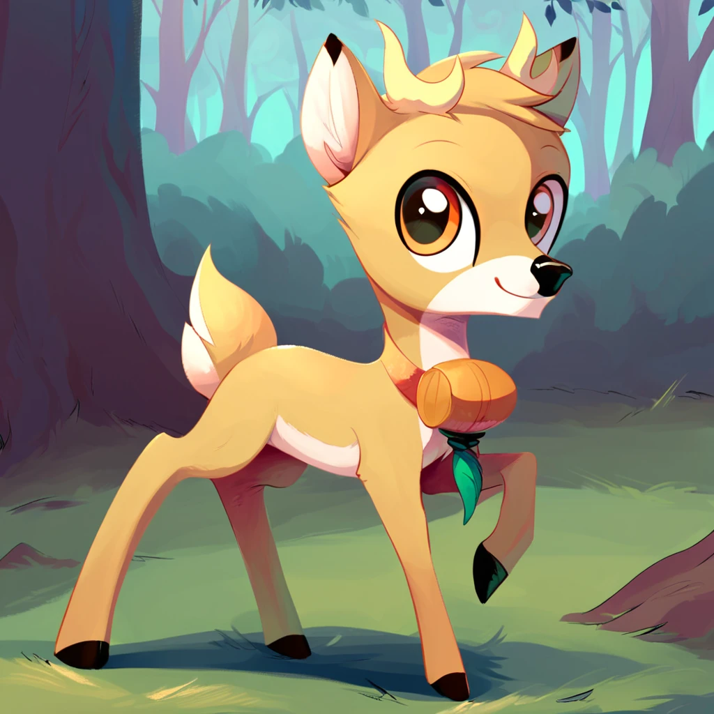 score_9_up, score_8_up, score_7_up, bramble \(mlp\), deer, solo, male, full body, forest background, trees, outside, barrel collar, looking at viewer, young, source_cartoon, masterpiece