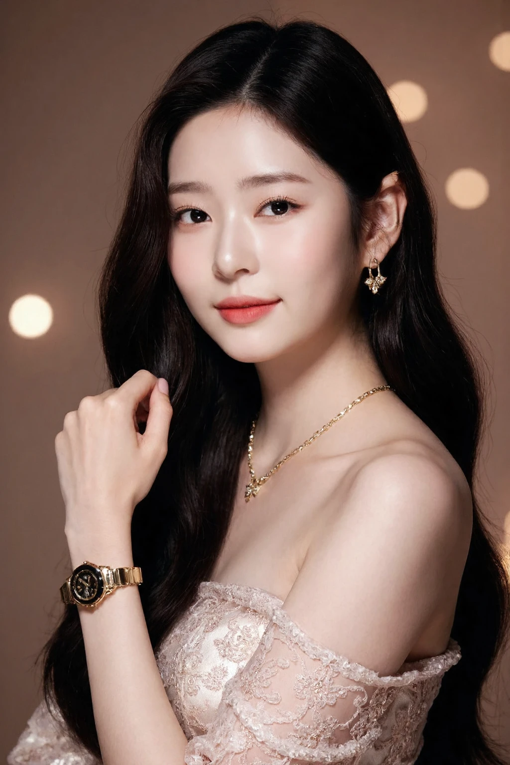 medium full shot of beautiful korean girl , long hair, formal gown, earrings, luxury wristwatch, bokeh lights, softbox lighting, necklace, dslr, soft lighting, high quality, film grain, light reflections, blood vessels, pale skin, skin pores,blood vessels in sclera, detailed skin, beauty spots, skin fuzz,<lora:flux_realism_lora:1>, . <lora:makinaflux_minju_v1.0:1>, smile