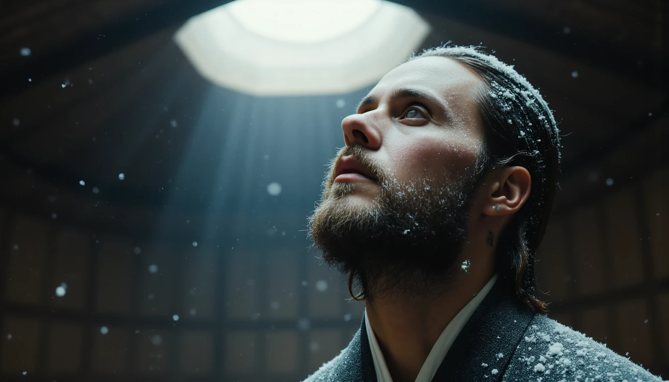 A closeup shot of JL49 entering from the left looking up at the ceiling of an indoor hall which reaches to the heavens.

Snow falls from the highest point of the indooors and collects on his face.

His expression is calm and peaceful.