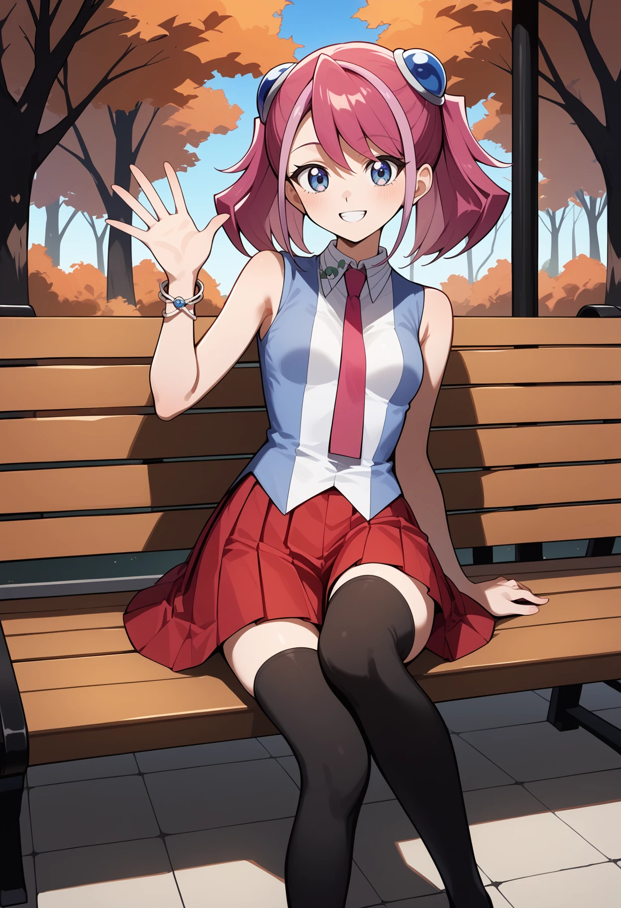 score_9, score_8_up, score_7_up, score_6_up, score_5_up, score_4_up, source_anime, aayuzu, multicolored hair, pink hair, short twintails, hair ornament, blue eyes, small breasts, pink necktie, sleeveless shirt, multicolored shirt, bracelet, pleated skirt, red skirt, black thighhighs, <lora:hiiragi_yuzu_ponyxl_v1:0.9>, bench, sitting, waving, smile, outdoors, autumn,