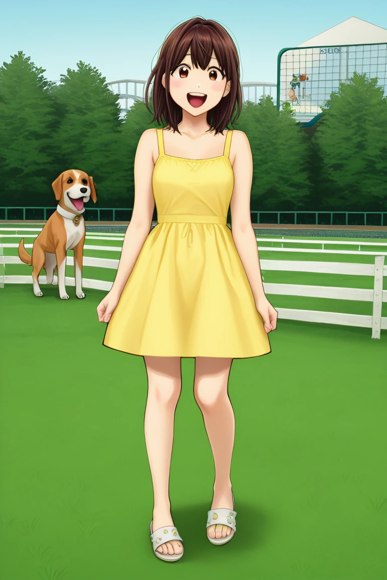 score_9, , FunatsuKazukiStyle, 1girl, yellow sundress, white sandals, puppy, playing, backyard, happy, green grass, white picket fence, dog, 
