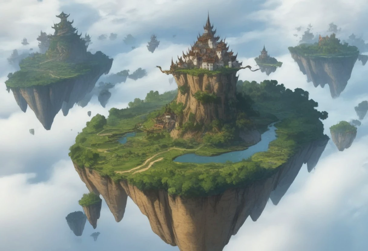 dragons, floating island formations, village on top, masterpiece, forests, white clouds