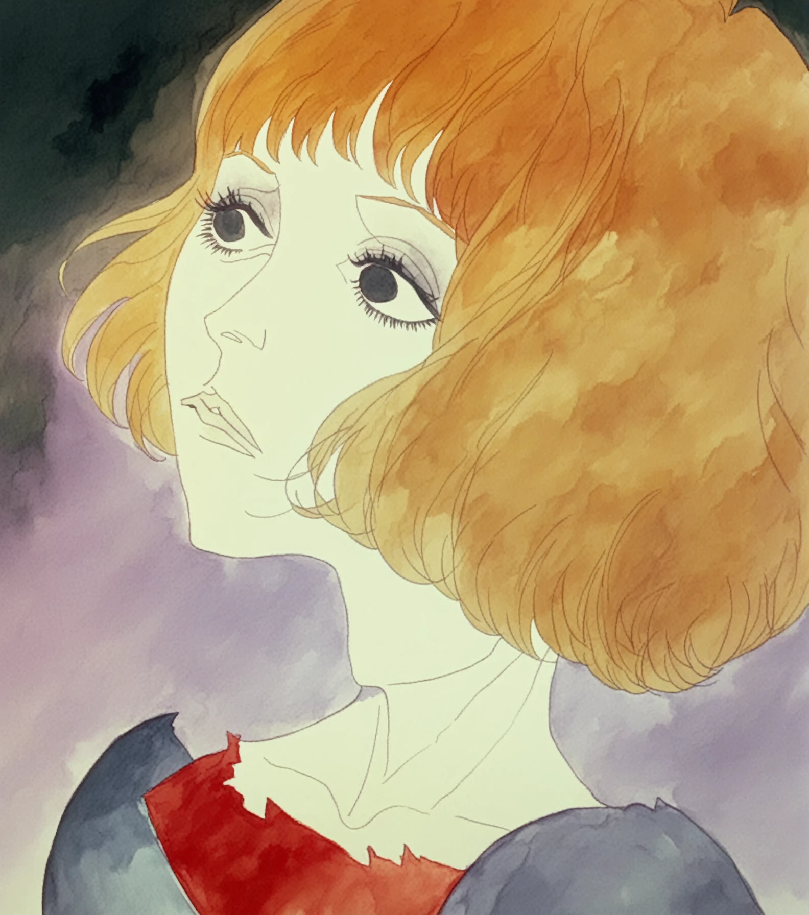 <lora:Belladonna_pony_v1:1>a frame from "Belladonna of Sadness \(1973\)", surrealist art piece, dreams,watercolor,  <lora:LorMcQuarrie_PXL_Leaf1:1> lormcquarrie, blonde hair, short hair, 1girl, solo, score_9, score_6_up, score_7_up