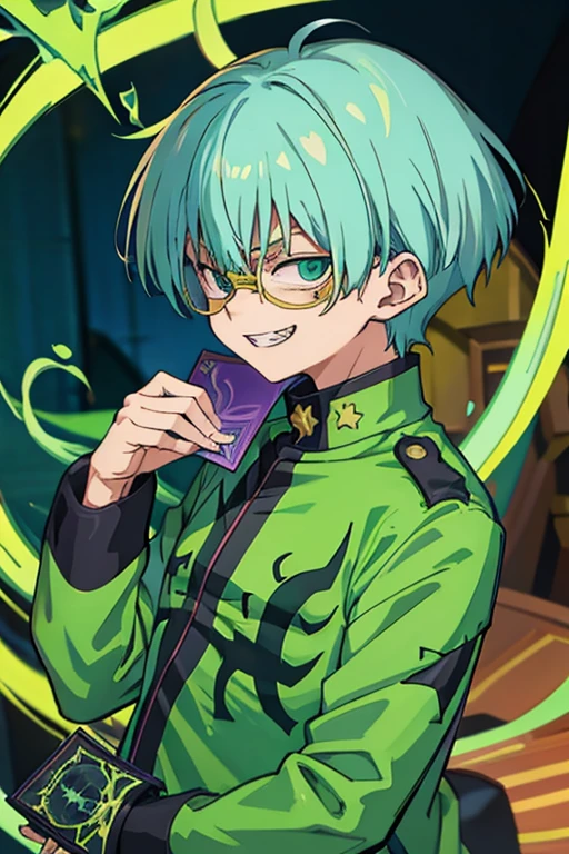 <lora:Weevil_light_v4:1> 1boy, haga, holding, holding_card,(trump:-1),, green_jacket, evil_grin,