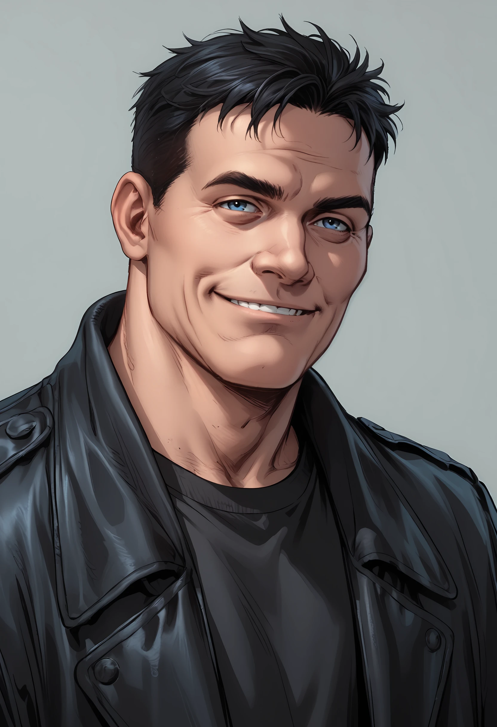 score_9, score_8_up, score_7_up, score_6_up, score_5_up, score_4_up, 1boy, <lora:BillyButcherComicsP:0.85>  male focus, black hair, short hair, blue eyes, jacket, shirt, black shirt, leather jacket, coat, smile, manly, square jaw,
simple background,