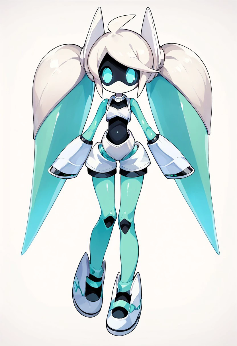 score_9, score_8_up, score_7_up, masterpiece, best quality, White background, 1girl, VoidollNND, Humanoid robot, White hair, white skin, robot, blue eyes, twintails, full body,