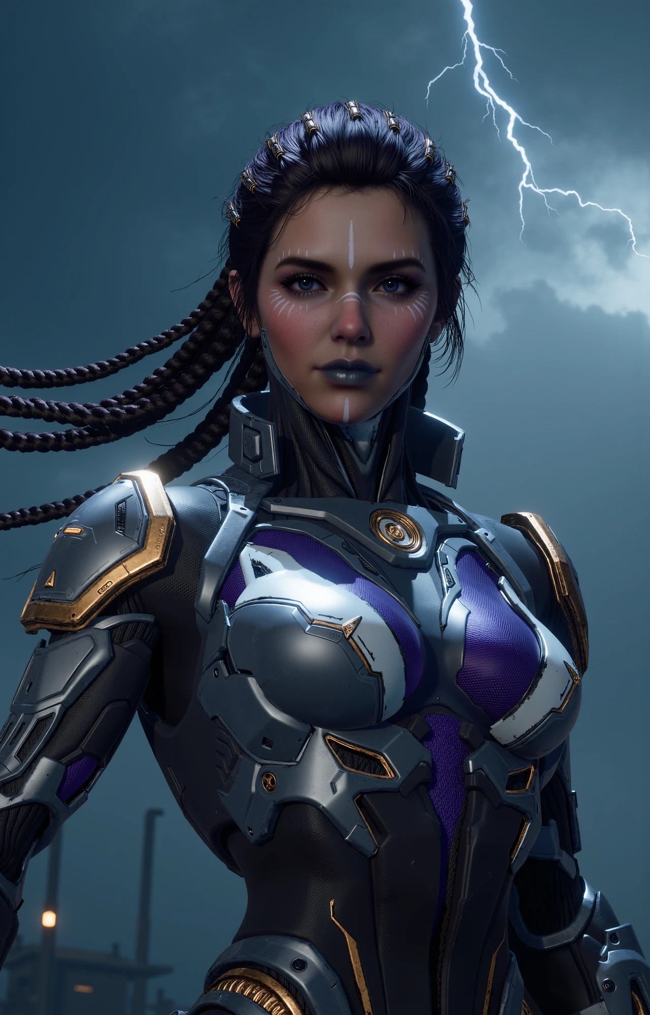 a realistic low angle cinematic film still of TFD-Sharen-Default-NoHelmet, a female cyborg in a futuristic, armored suit standing with electric trails swirling around her. It is raining a lot and the sky is dark with thunder clouds. It is pouring rain. Her armor is wet and has water droplets dripping
She has white makeup lines and silver lipstick. Her dark brown hair is styled in multiple, thick braids adorned with small, metallic rings. Her braids are swinging to the side.
She has a futuristic, armor-like suit that is predominantly metallic silver with gold accents and intricate, glowing blue details. The suit is form-fitting and covers her entire body, with a high collar that extends to her neck and a large chest piece that reveals a large glowing purple skin-tight design. The armor has a sleek, polished appearance with smooth, rounded edges and a slightly reflective surface, giving it a high-tech, futuristic aesthetic.  The suit's form-fitting, aerodynamic shape, emphasizes her curvaceous physique
<lora:TFD-Sharen-Default-NoHelmet:0.7>