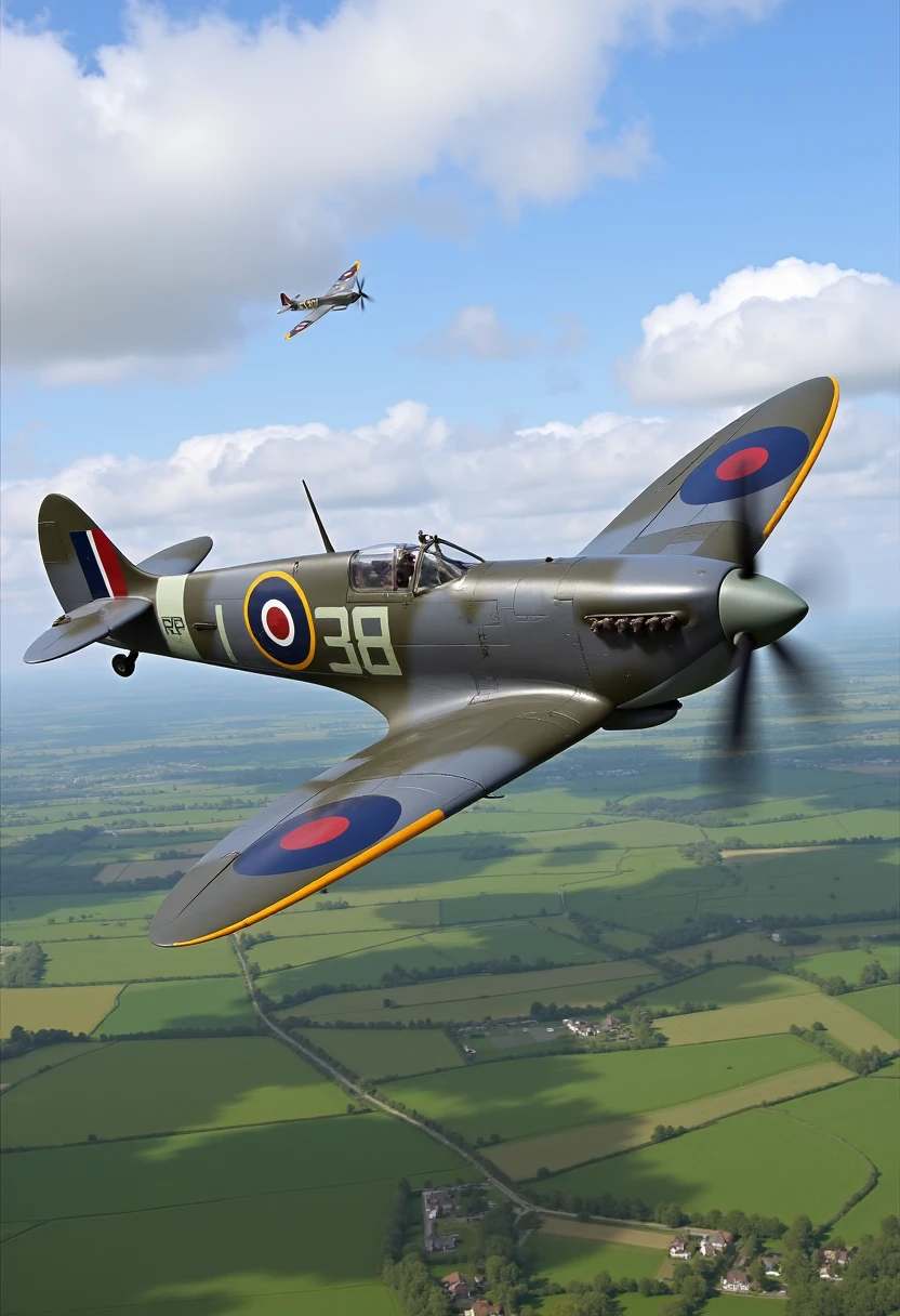 A photorealistic, high-definition image of a Spitfire Mk I during the Battle of Britain (1940), soaring through a partly cloudy summer sky. The Spitfire is seen mid-dogfight with a German Messerschmitt Bf 109 in the distance. The aircraft has RAF roundels on its wings, and you can see light reflecting off the metallic parts of the fuselage. Below is the English countryside, with green fields and small villages.