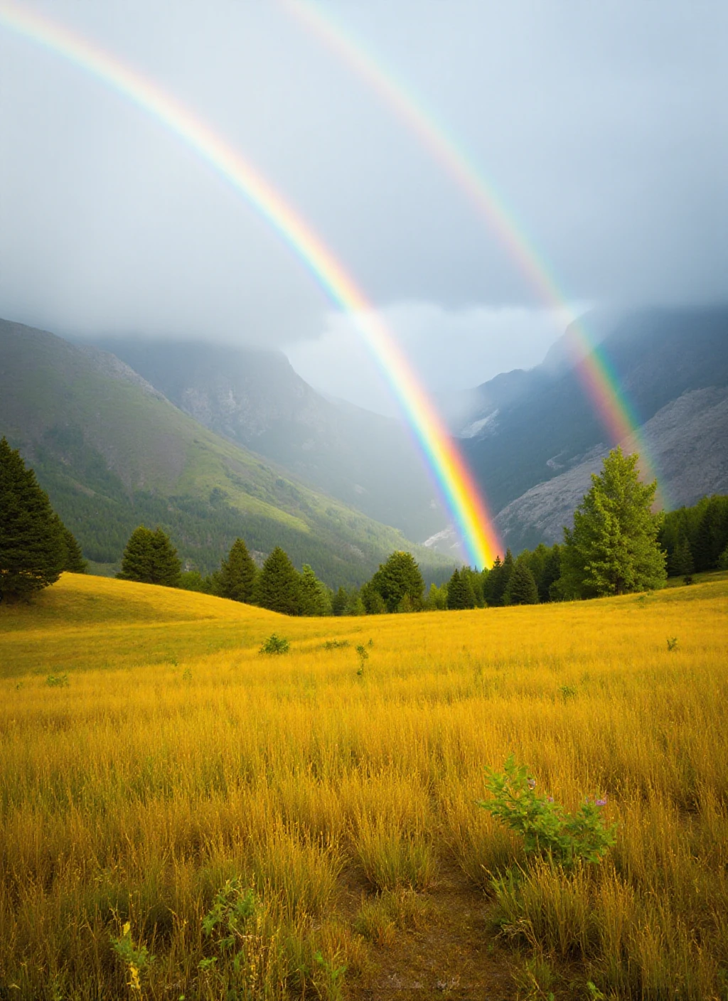 A wide landscape view with a stunning rainbow arching gracefully over misty mountains, creating a symmetrical scene filled with vibrant reds, greens, and blues. Golden grasslands stretch below, dotted with wildflowers and sparse leafy shrubs, surrounded by deeper forest greens. Soft, diffused light enhances the tranquility of this natural view, with balanced colors creating harmony in the composition