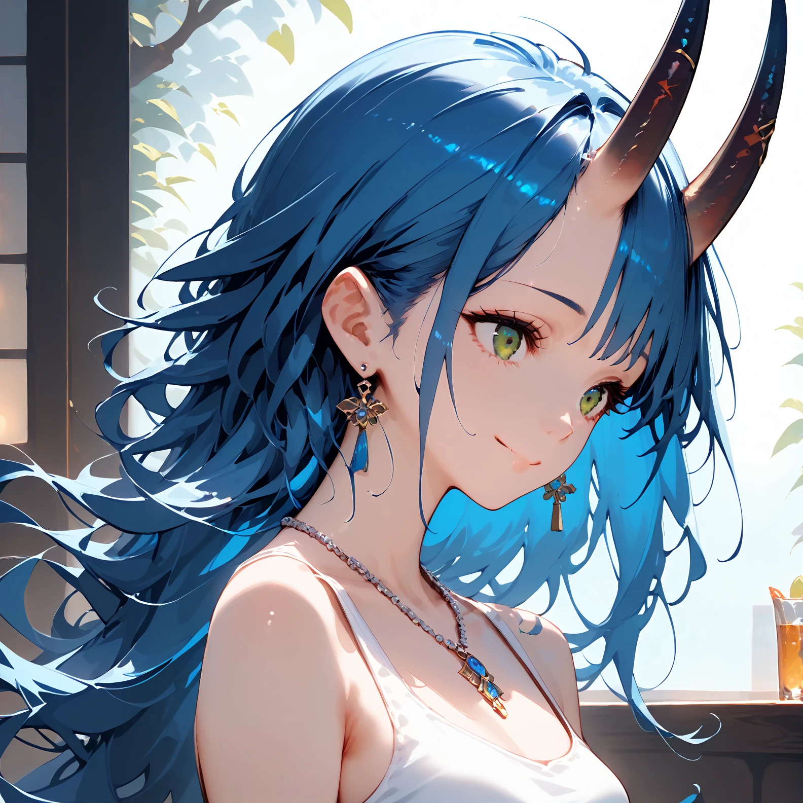 score_9, score_8_up, score_7_up, source_anime, <lora:TzigoOniHornsPony:1>, a beautiful blue haired girl with TzigoOniHorns, long messy blue hair, beautiful detailed deep green eyes, shy smile, small breasts, white tank top, upper body view, in a bar, filigree silver earrings, filigree silver necklace,