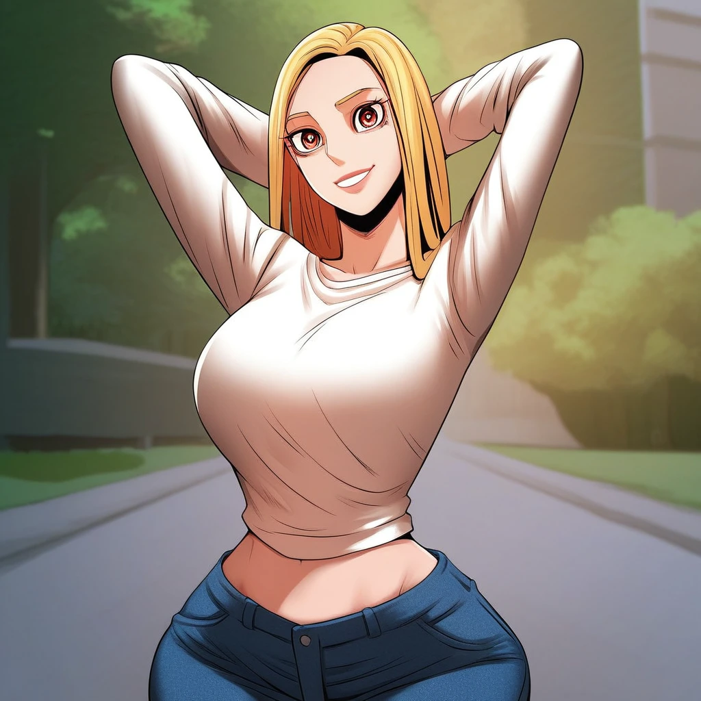 score_9, score_8_up, score_7_up, ASCII masterpiece, source_anime, BREAK, 1girl, solo,  (( <lora:kim_mi-joo:1> , kim_mi-joo, thin waist, wide hips, beautiful skin, beautiful amber eyes, clear eyes, bright pupils, beautiful eyes, beautiful blonde hair, beautiful long hair, huge and shaggy breasts, natural beauty, extraordinary beautiful woman, attractive woman, super sexy woman, lustful body, sexy woman with seductive obscene body, sensual body, voluptuous body, sexy beauty, no piercings, no piercing, makeup, )), ((long sleeves white top, midriff, long slim blue jeans, )) , looking at viewer, uncensored, sexy pose, beautiful smile, outdoor, park, looking at viewer, horny, seductive, cute pose, cowboy shot, front view, hands behind head,