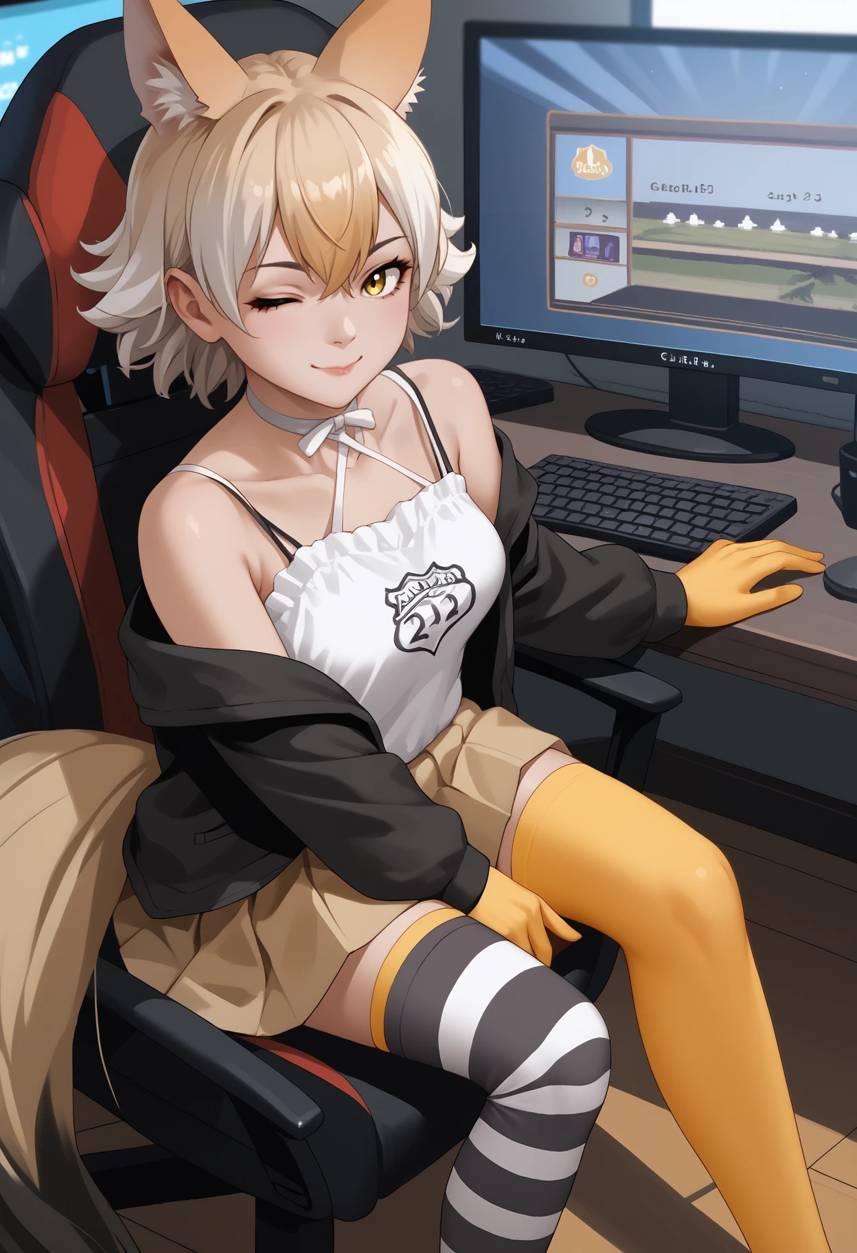 score_9, score_8_up, score_7_up, source_anime, <break> solo, 1girl, kfc0yote, wolf tail, smile, looking at you, sitting, gaming chair, animal ears, animal ear fluff, extra ears, one eye closed, black jacket, open jacket, off shoulder, long sleeves, white shirt, camisole, clothes writing, spaghetti strap, yellow gloves, brown skirt, pleated skirt, asymmetrical legwear, striped thighhighs, yellow thighhighs, white choker, bare shoulders, indoors, computer, monitor, keyboard
<segment:yolo-face_yolov8m.pt,0.4,0.5//cid=1>