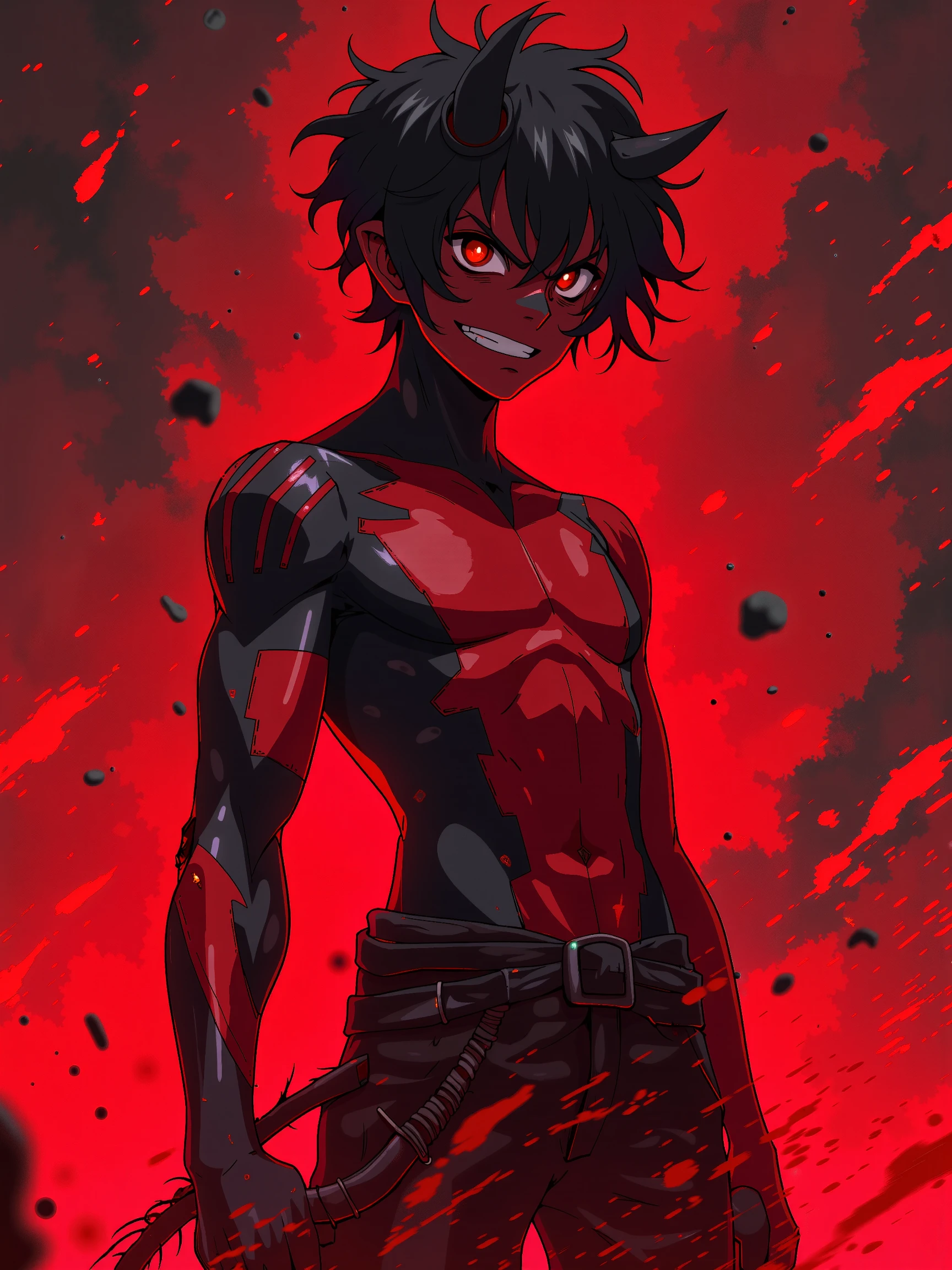 full body portrait of a devil warrior boy, evil smile, big eyes, expression of anger, war paint, full red and black colors, red aura, 2d art cover, official fanart behance hd artstation by jesper ejsing, by rhads, makoto shinkai and lois van baarle, ilya kuvshinov, rossdraws, masterpiece, smooth render, unreal engine 5 rendered, octane rendered, cel shaded, ray tracing, dark studio, rim lighting, two tone lighting, dimly lit, low key, anime key visual, high contrast, masterpiece <lora:MJanime_Flux_LoRa_v3_Final:0.7>