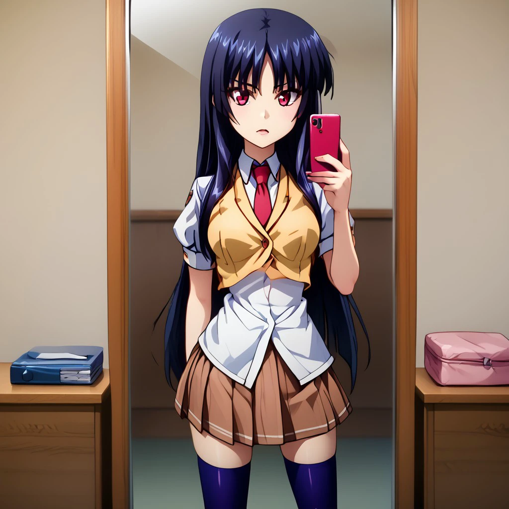 3nah1me, 1girl, solo, thighhighs, necktie, skirt, school uniform, seiza, self, cell phone, in front of a mirror, bedroom,, <lora:d73a94d8-d621-43ad-a0df-a7200916478b:1.0>