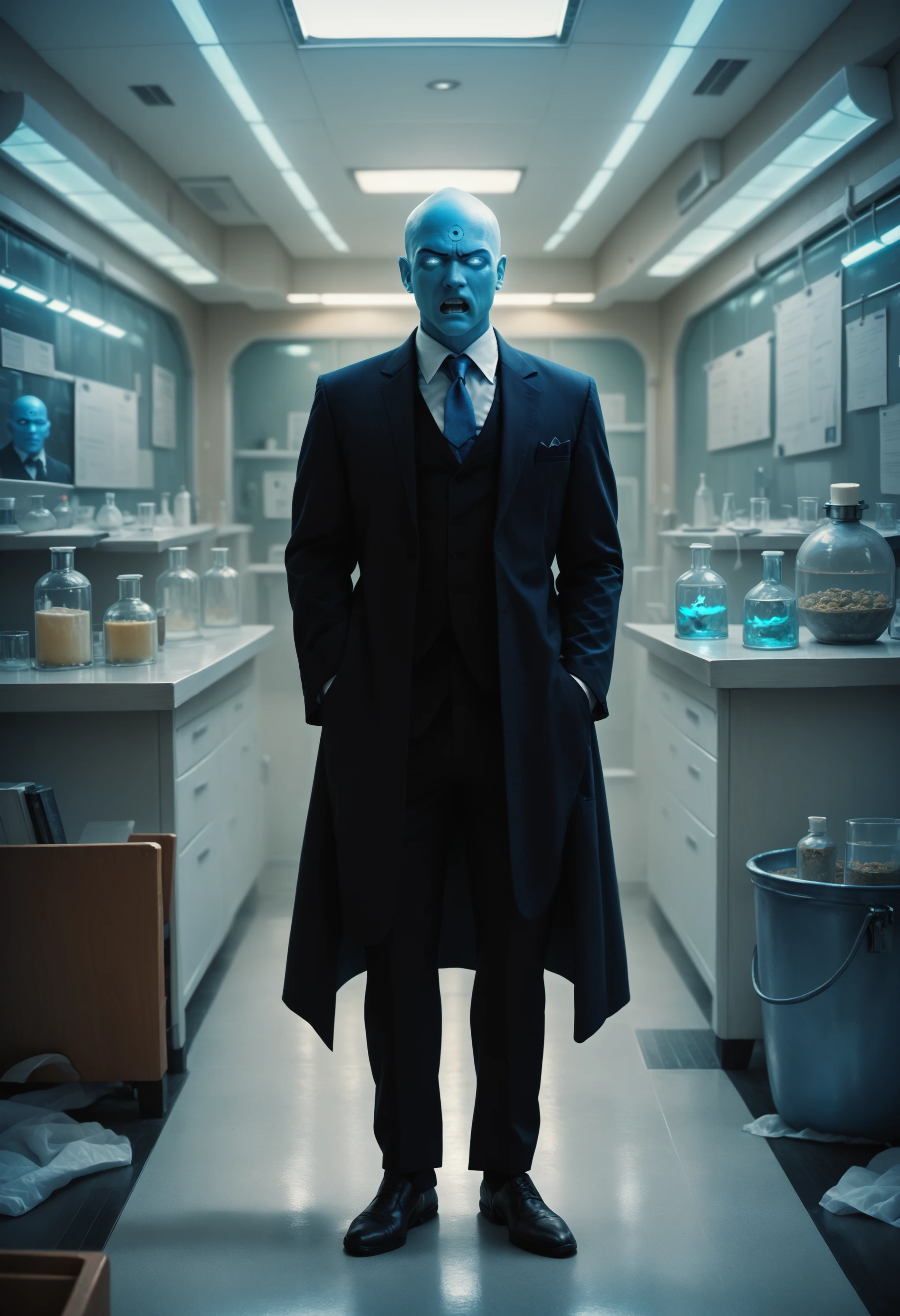 score_9, score_8_up, score_7_up, score_6_up, realistic, detailed skin photo, 1boy, wearing a suit, ((in a lab)) <lora:Doctor_Manhattan:1> drmanhattan, bald, glow, blue skin, glowing eyes, full body BREAK angry, screaming