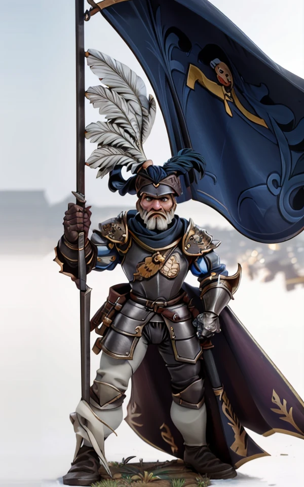 High-resolution Photorealistic Image of simple white background, snow, photo, upper body, 1boy, <lora:empg3n3r4l-000018:0.8> empg3n3r4l, full armor, large hat, feather plume, pauldrons, gauntlets, tassets, greaves, holding banner, flag, bokeh, LDSR, Depth of Field, OverallDetail
