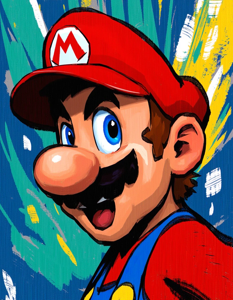 In a vivid and chaotic explosion of color, a striking abstract expressionist headshot portrait of Super Mario bursts forth, capturing the iconic plumber's essence through intense, jagged brushstrokes that convey a sense of movement and energy. His iconic red hat, saturated with bold crimson, contrasts sharply against a swirling backdrop of deep blues and vibrant yellows, symbolizing his adventurous spirit and joyful demeanor. 

Marrying elements of whimsy and nostalgia, the background is a dynamic fusion of colors, reflecting Mario's vibrant world filled with whimsical landscapes and playful challenges. Flecks of white paint mimic the sparkle of stars in his universe, while splashes of green evoke the lushness of the Mushroom Kingdom. 

The facial features of Mario, although abstracted, are rendered with an emotional intensity; his wide eyes, painted in a bright, gleaming blue, express determination and cheerfulness amid chaotic strokes. Each brushstroke seems to pulse with life, echoing his exuberant catchphrases and heroic escapades. This fusion of color and form not only highlights the character's playful charm but also invites the viewer to explore the deeper layers of his adventurous identity and the joy that accompanies his quests.