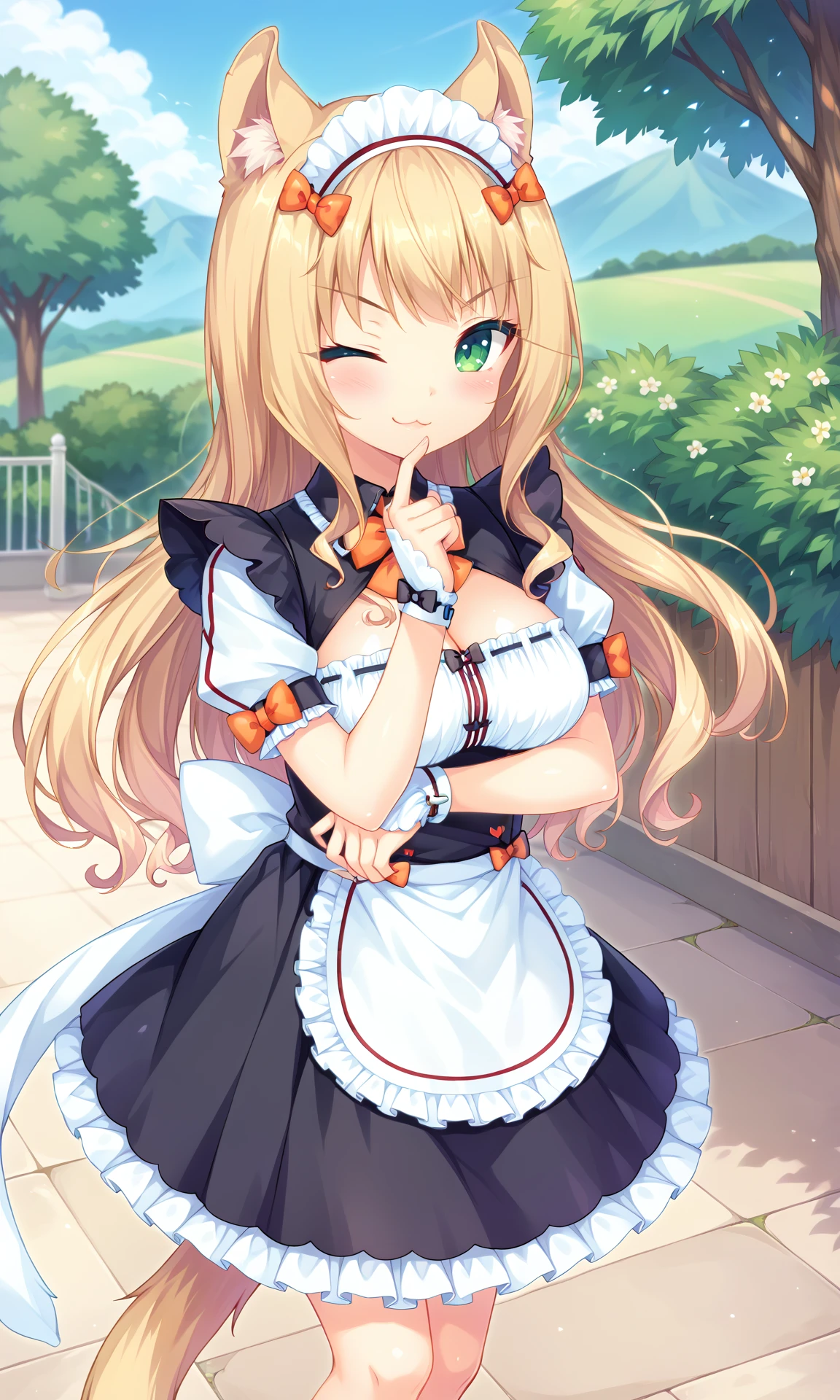 score_9, score_8_up, score_7_up, score_6_up, score_5_up, score_4_up, black_maid_uniform, Maple, looking_at_viewer, solo, medium_breasts, frown, closed_mouth, blush, one_eye_closed, :3, smile, cat_ears, animal_ear_fluff, maid_headdress, orange_bowtie, neck_bell, cleavage_cutout, ribbon-trimmed_clothes, puffy_short_sleeves, wrist_cuffs, white_back_bow, miniskirt, white_apron, underbust, waitress, breast_hold, finger_to_own_chin, legs_together, knees, standing, outdoors, <lora:Maple_V0.5(SDXL):0.8> <lora:hand 4:1>, Hand, detailed, perfect, perfection, hands,