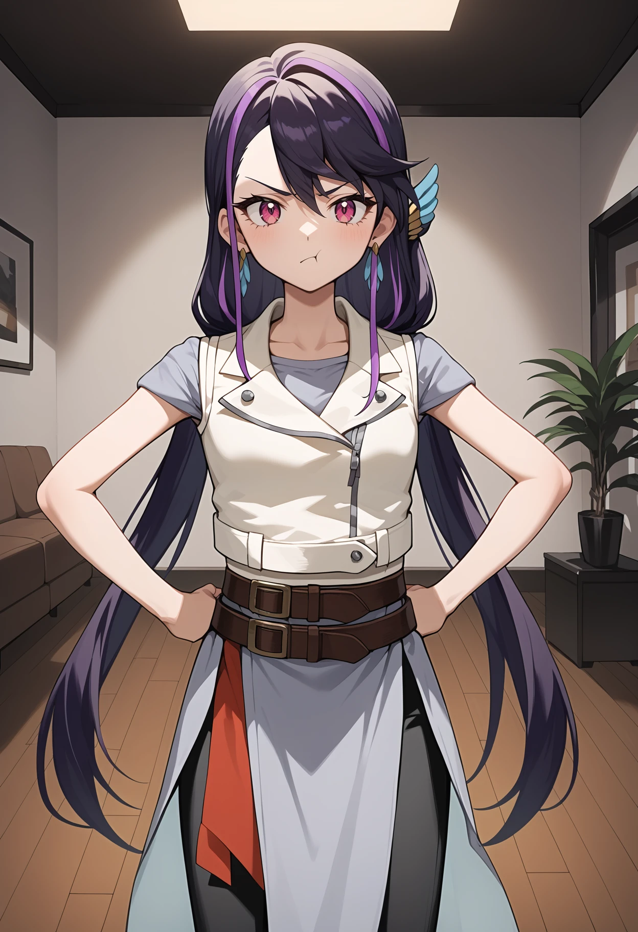 score_9, score_8_up, score_7_up, score_6_up, score_5_up, score_4_up, source_anime, aaruri, long hair, multicolored hair, purple hair, hair ornament, earrings, pink eyes, grey shirt, white vest, brown belt, black pants, <lora:kurosaki_ruri_ponyxl_v1:0.9>, pout, hands on own hips, standing, room, indoors,