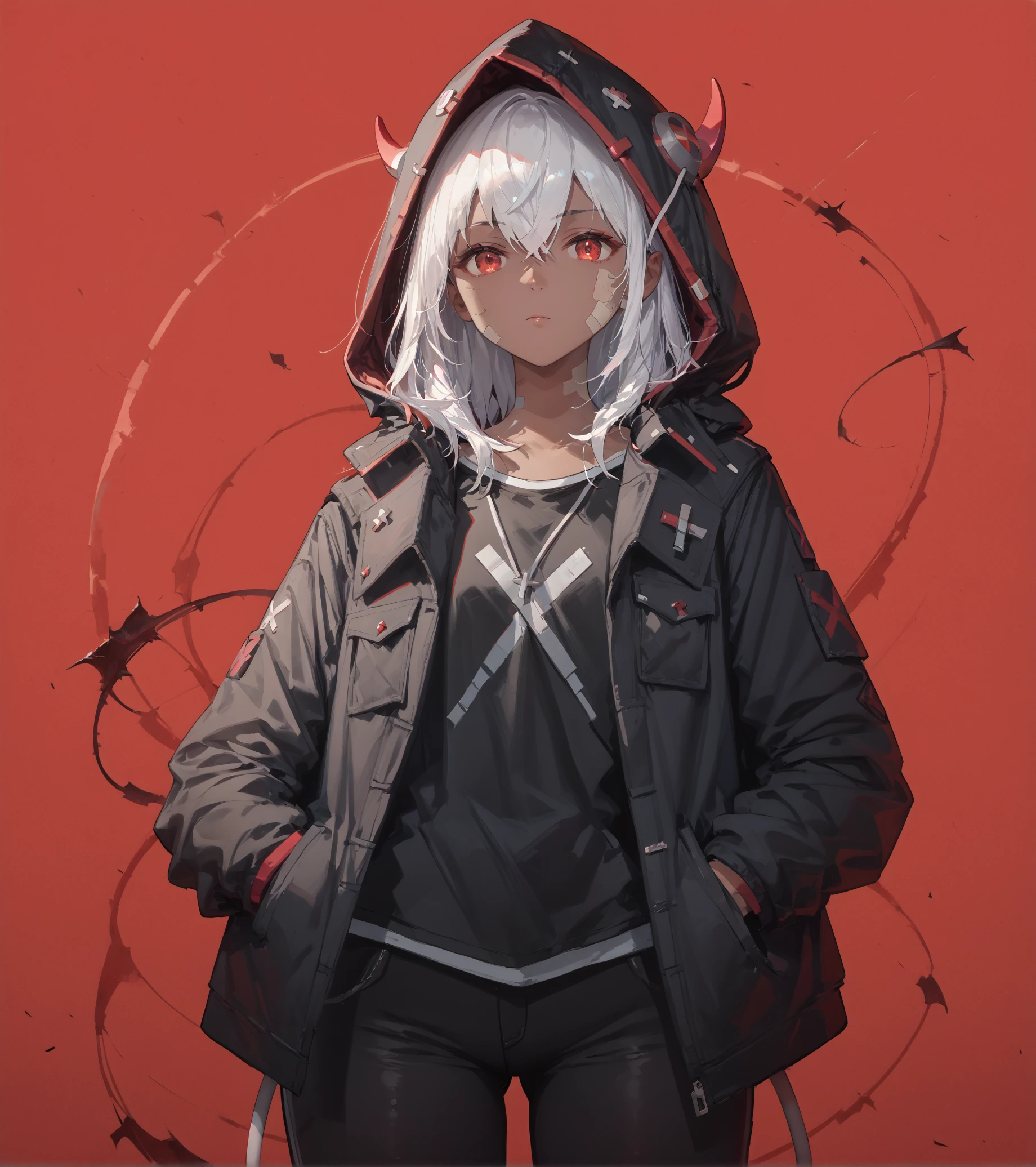 score_9, score_8, score_7_up masterpiece, amazing quality, hyper detailed, high resolution, highres, (embedding:zPDXL3:1.1),


Ivy, 1girl, solo, dark skin, dark-skinned female, white hair, hair between eyes, bangs, red eyes, black jacket, hooded jacket, hood up, horns, bandaid, black shirt, black pants, looking at viewer, hands in pockets,

red background,