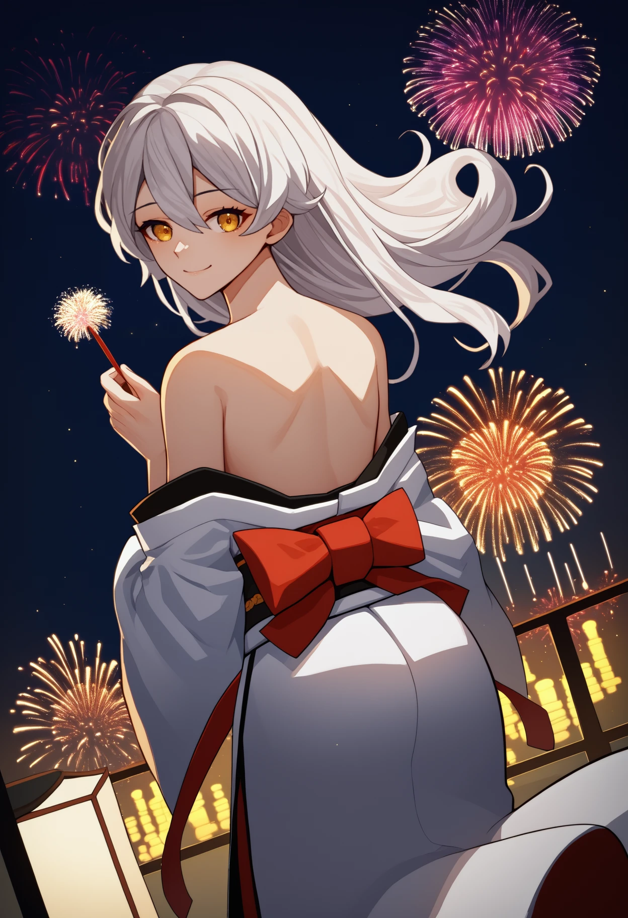 score_9, score_8_up, score_7_up, source_anime, <break> from behind, solo, 1girl, unkwngd, smile, looking back, long hair, white hair, floating hair, yellow eyes, japanese clothes, white kimono, off shoulder, red sash, bare shoulders, fireworks
<segment:yolo-face_yolov8m.pt,0.4,0.5//cid=1>