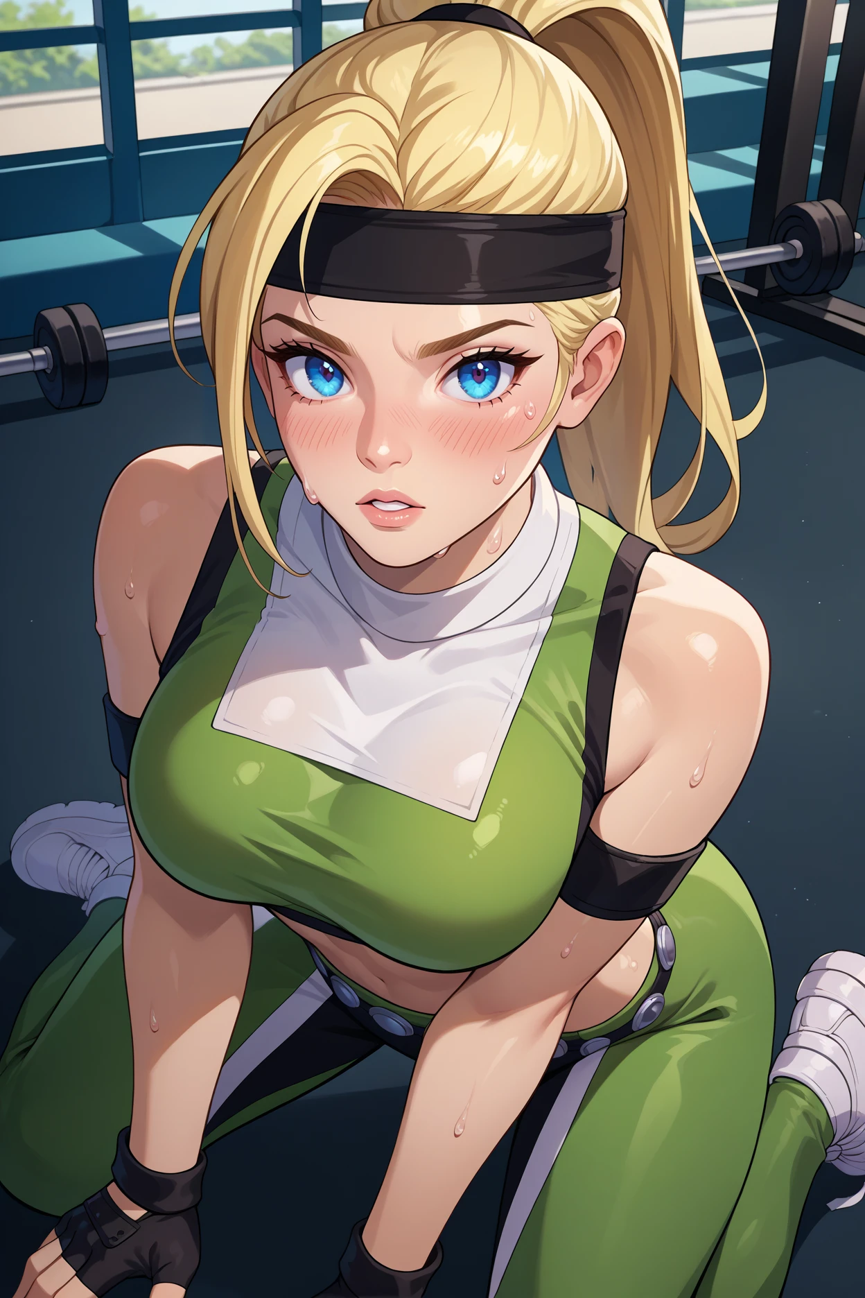 score_9, score_8_up, score_7_up, score_6_up, source_anime, 1girl, solo <lora:sonyablade-pdxl-nvwls-v1-000005:1> m3sb, blonde hair, high ponytail, blue eyes, black headband, green and white crop top, two-tone crop top, midriff, sleeveless, green pants, multicolored pants, armband, black gloves, fingerless gloves, white shoes, fit, large breasts, all fours, looking at you, sweat, from above, gym, blush, parted lips