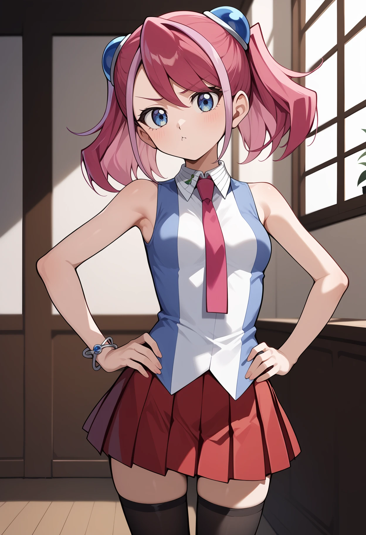 score_9, score_8_up, score_7_up, score_6_up, score_5_up, score_4_up, source_anime, aayuzu, multicolored hair, pink hair, short twintails, hair ornament, blue eyes, small breasts, pink necktie, sleeveless shirt, multicolored shirt, bracelet, pleated skirt, red skirt, black thighhighs, <lora:hiiragi_yuzu_ponyxl_v1:0.9>, pout, hands on own hips, indoors, standing, cowboy shot,