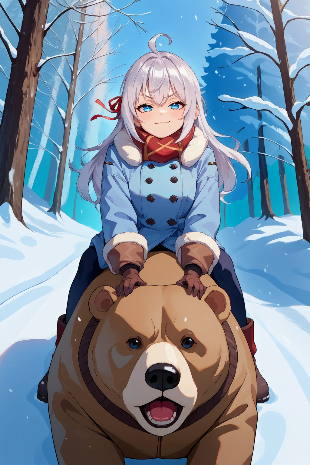 score_9, score_7_up, source_anime, smug, amkkj, large breasts, long hair, silver hair, crossed bangs, blue eyes, ahoge, hair ribbon, winter clothes, coat, pants, gloves, riding bear, outdoors, snow, forest, <lora:Hoseki_Roshidere_Alisa_Mikhailovna_Kujou_PDXL_v1:1>