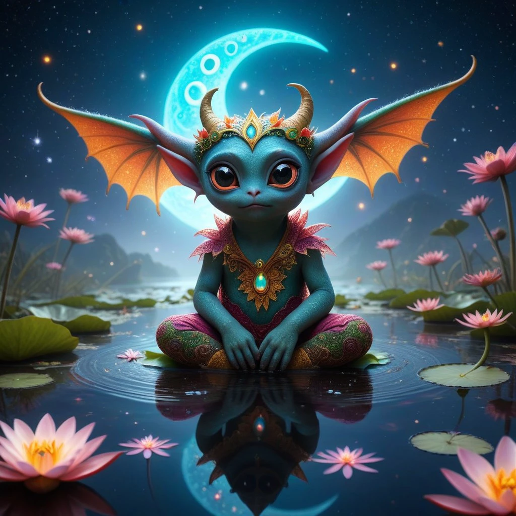 little cute alien, big eyes, made of multicolored lace, horns, demon wings, sitting on a water lily in a pond, intricate details, 8k, ultra sharp, light particles, fantasy concept art magical but eerie wonderland, cinematic, film still, celestial astro, astrological calendar, galaxy, stars, crescent moon