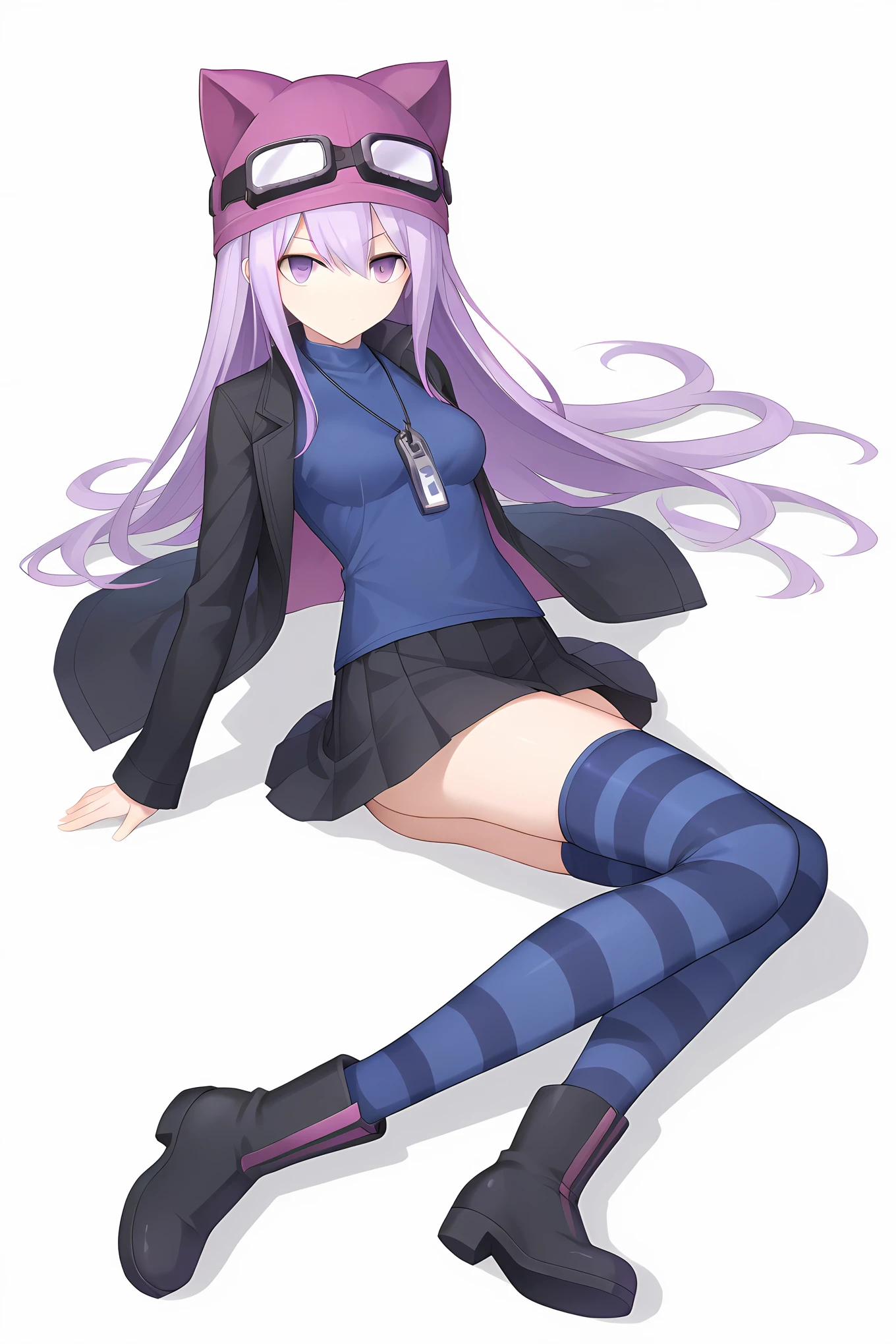 (black jacket blue shirt black skirt striped thighhighs black boots), dsc-sayo, purple hair, purple eyes, purple animal hat, goggles on head, medium breasts, 1girl, solo, skinny, score_9, score_8_up, score_7_up, score_6_up, score_5_up, source_anime, lewd, white background, (1.3::full body|sitting|standing|lying|straight-on|0.6::close-up| :1.20), , <lora:dsc-sayo-V01-000004:0.90>